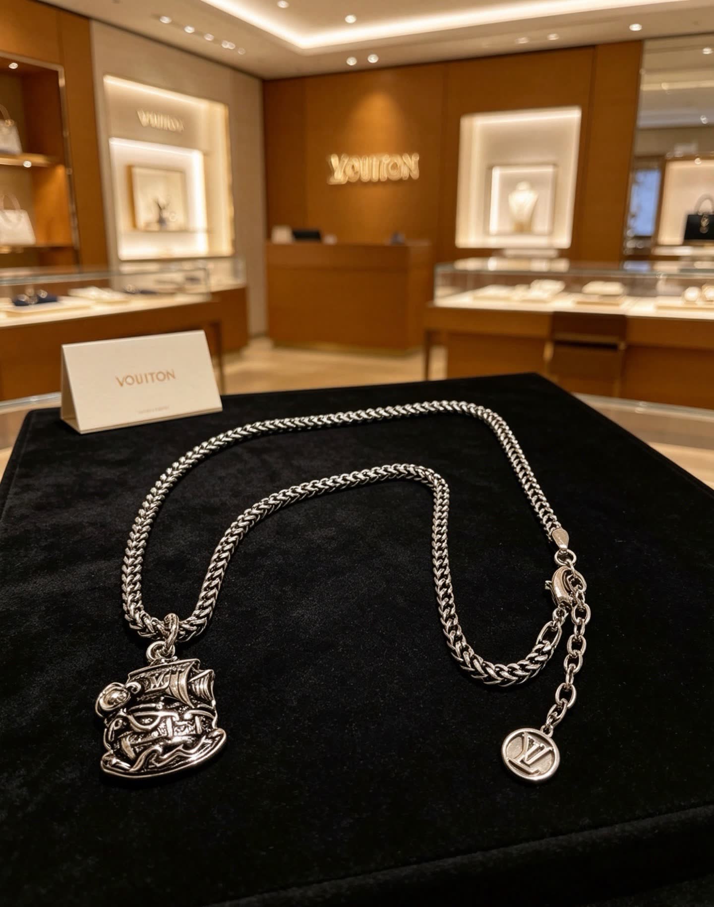 Louis Vuitton Silver Chain Necklace with Ship Pendant